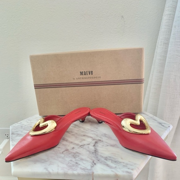 ❤️ ANTHROPOLOGIE Maeve Red Gold Heart Mule Kitten Heels Genuine Leather - Picture 10 of 12